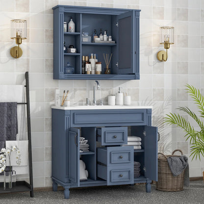 36'' Bathroom Vanity Set, Undermount Bathroom Cabinet and Mirror Cabinet, Ceramic Sink Top, Storage Cabinet with 2 Soft Closing Doors and 2 Drawers, Vanity Cabinet Set, Suit for 4'' Faucet, Gray