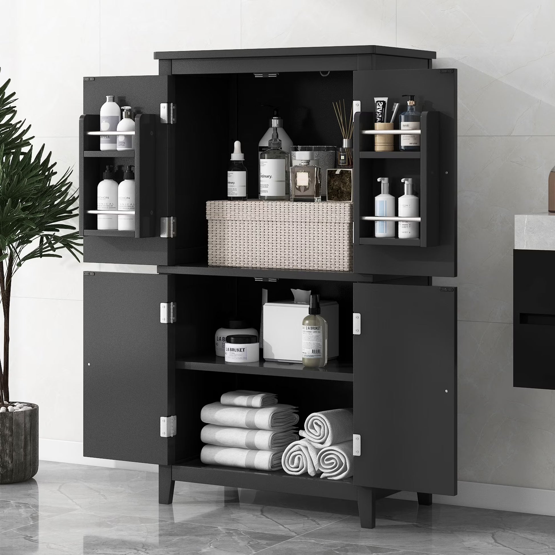 EUROCO Bathroom Floor Storage Cabinet,Bathroom Storage Unit,Freestanding Cabinet with 4 Doors,Adjustable Shelves,Adaptable Shelves,11.8 x 23.6 x 43.3 Inches,White