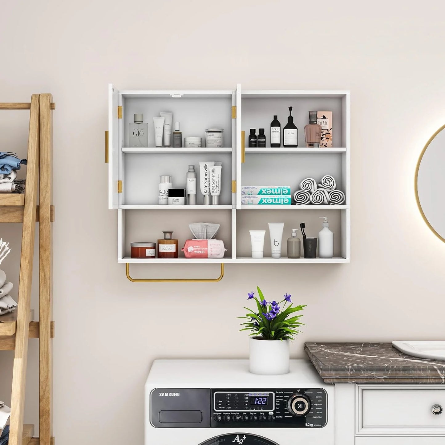 Bathroom Wall Cabinet Solid Wood Large Wall Mounted Medicine Cabinet with 2 Doors and 4 Open Shelves Over Toilet Storage Cabinet with Towel Bar (White)