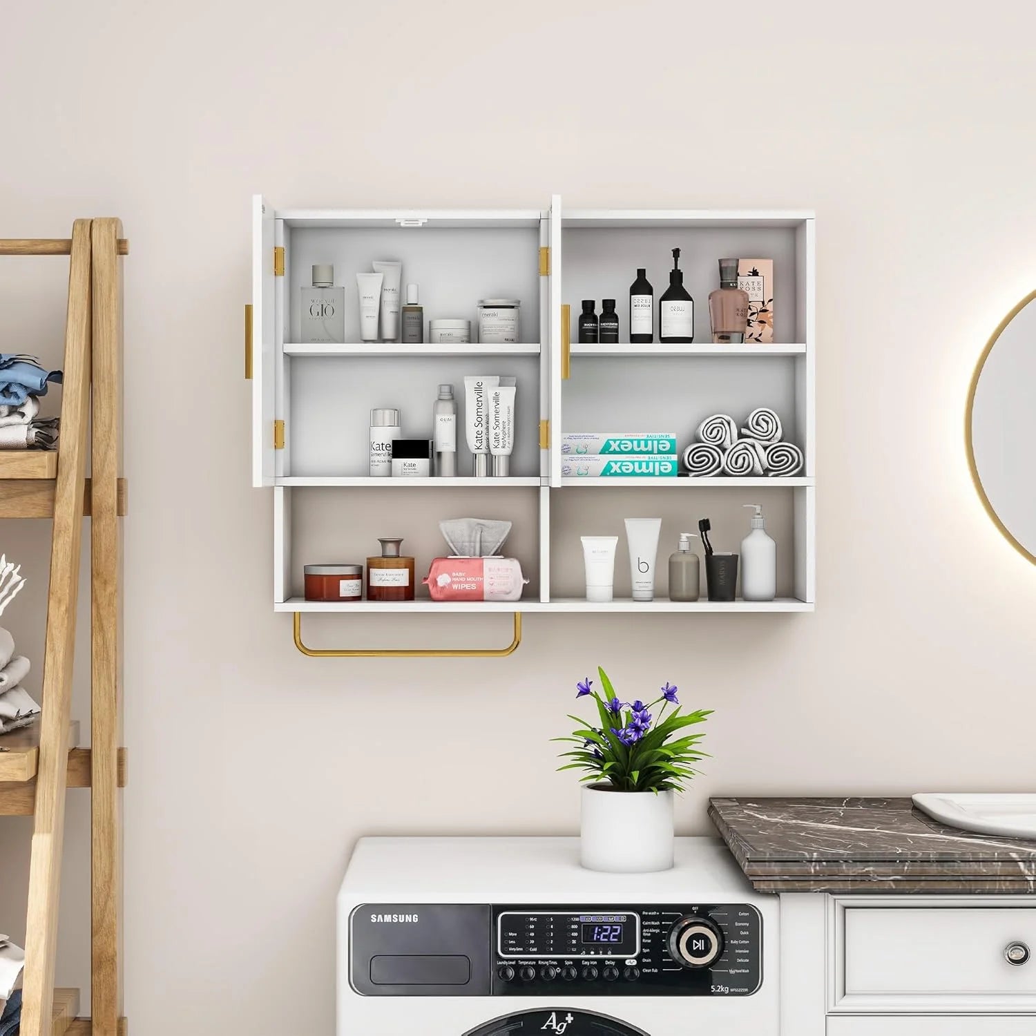 Bathroom Wall Cabinet Solid Wood Large Wall Mounted Medicine Cabinet with 2 Doors and 4 Open Shelves Over Toilet Storage Cabinet with Towel Bar (White)