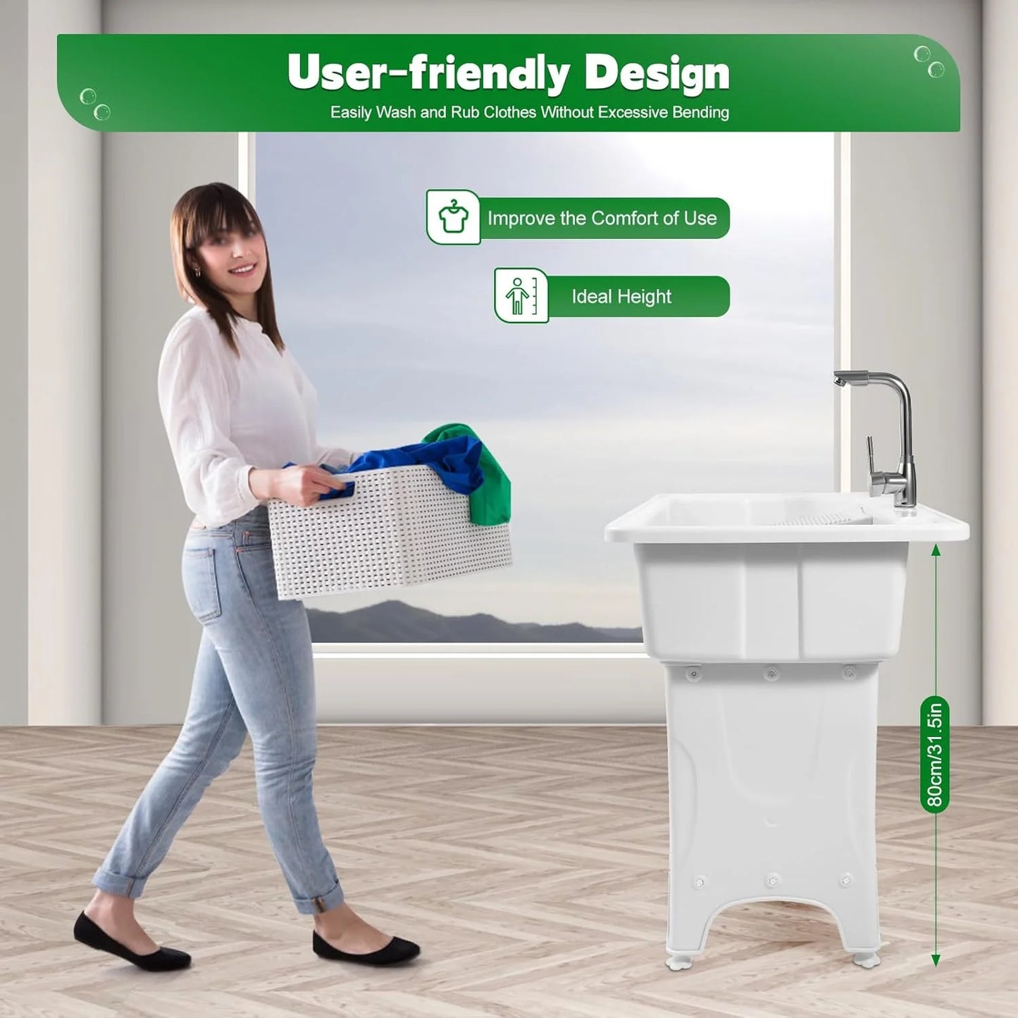 Utility Sink Laundry Tub,Freestanding Plastic Laundry Sink with Washboard, Slop Sink Garage Sink Portable Sink For Laundry Room, Garage, Bathroom, Kitchen (31.5in, White)
