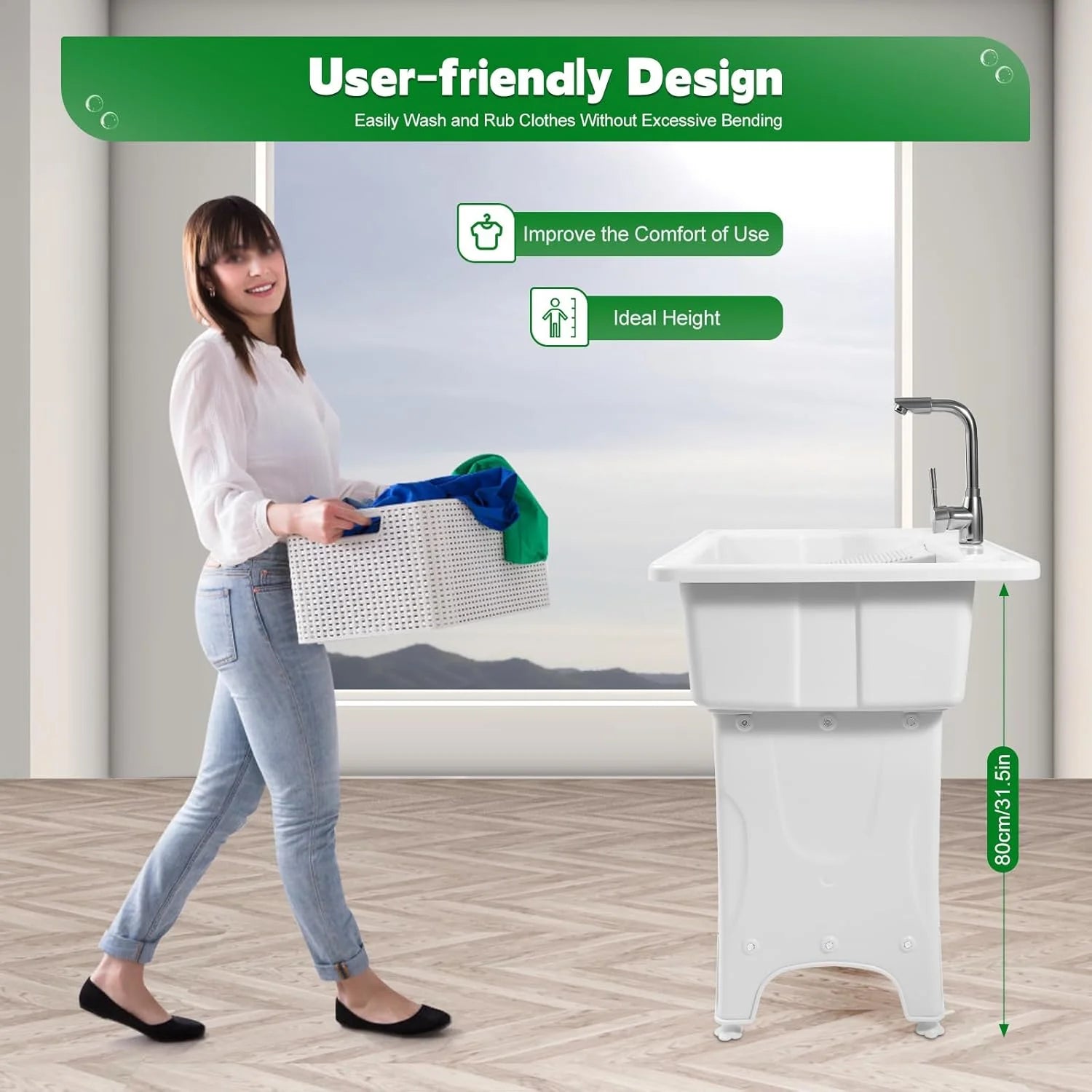 Utility Sink Laundry Tub,Freestanding Plastic Laundry Sink with Washboard, Slop Sink Garage Sink Portable Sink For Laundry Room, Garage, Bathroom, Kitchen (31.5in, White)