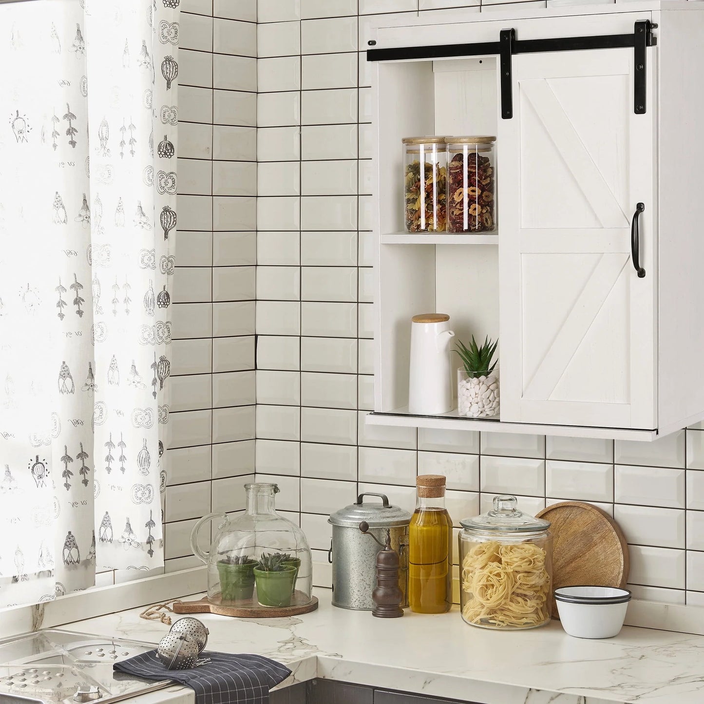 Rustown Farmhouse Wood Wall Storage Bathroom Cabinet with Sliding Barn Door, Rustic Medicine Cabinet with Adjustable Shelf, 3-Tier Vintage Cabinet for Kitchen, Bathroom, Living Room, Vintage White