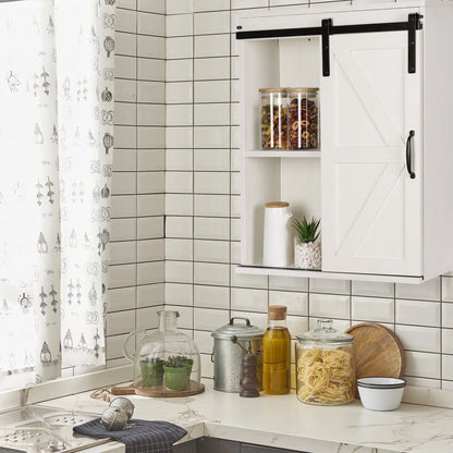 Rustown Farmhouse Wood Wall Storage Bathroom Cabinet with Sliding Barn Door, Rustic Medicine Cabinet with Adjustable Shelf, 3-Tier Vintage Cabinet for Kitchen, Bathroom, Living Room, Vintage White