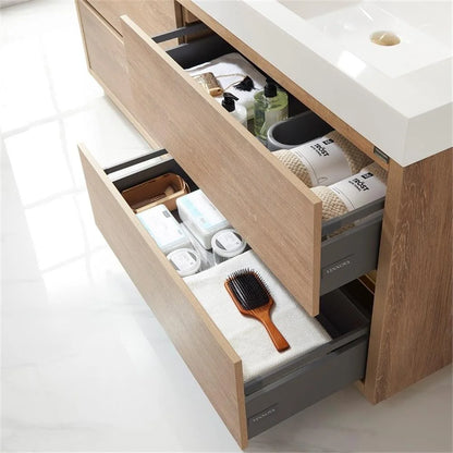 Huesca 72" Double Sink Bathroom Vanity Natural Oak Wood White Top No Mirror