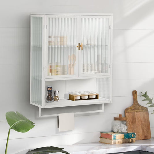 Tcbosik Modern Metal Wall Storage Cabinet with 2 Glass Door and Detachable Shelf, Open Shelf, and Towel Bar, Vintage Cabinet for Kitchen Dining, Bathroom, Living Room, White