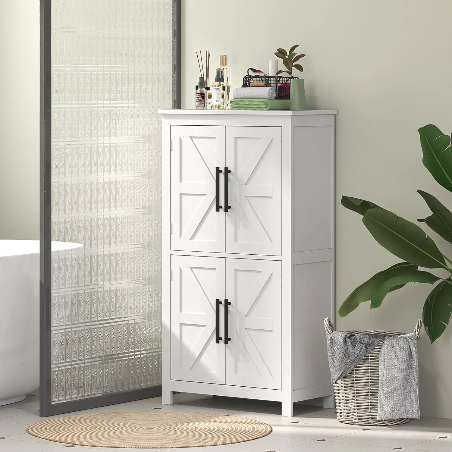 ZIRAV Farmhouse Bathroom Storage Cabinet with 4 Barn Doors, Bathroom Floor Cabinet with 2 Adjustable Shelf, Freestanding Storage Cupboard, White