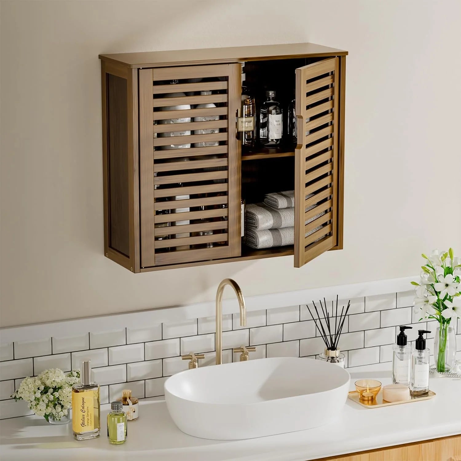 Medicine Cabinet, Bathroom Storage Cabinet Wall Mounted, Over The Toilet Space Saver Organizer with Doors and Bamboo Shelves, Walnut