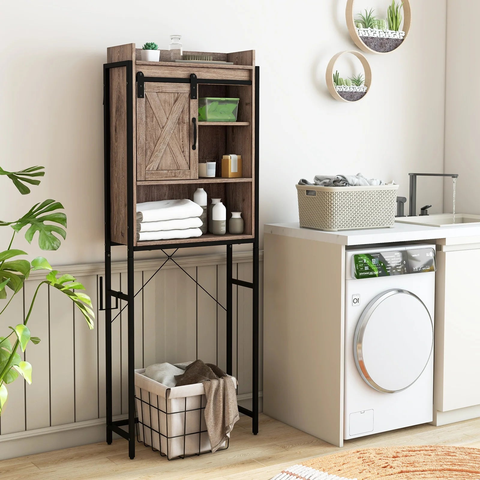 Topbuy Over The Toilet Storage Cabinet 4-Tier Bathroom Organizer w/ Adjustable Shelves Sliding Barn Door & Toilet Paper Holder Rustic Brown