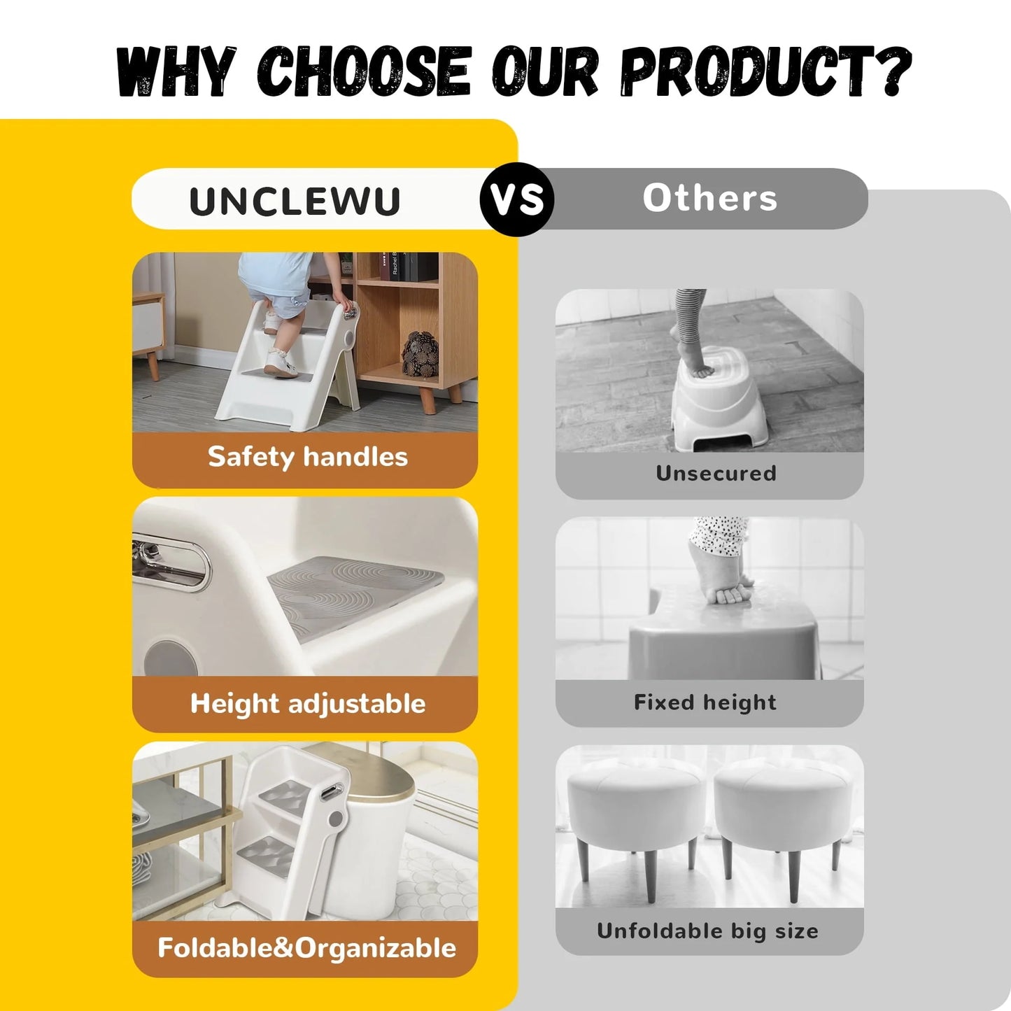 UNCLE WU Folding 2 Step Stool for Kids -Potty Training Stool for Kitchen Helper,Bathroom,Bedroom (White)