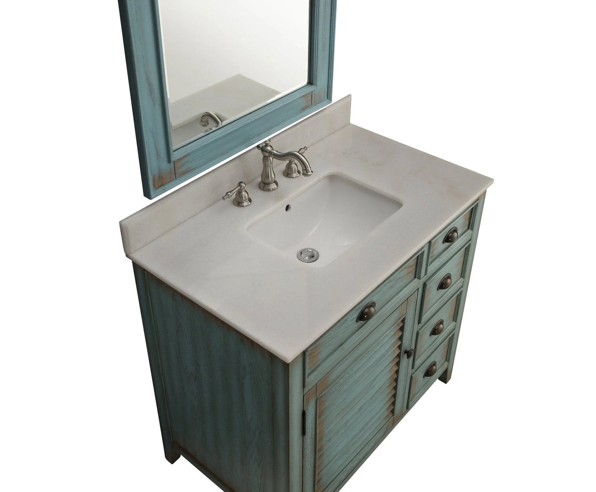 Benton Collection 36" Distressed Blue Farmhouse Bathroom Vanity with White Marble Top