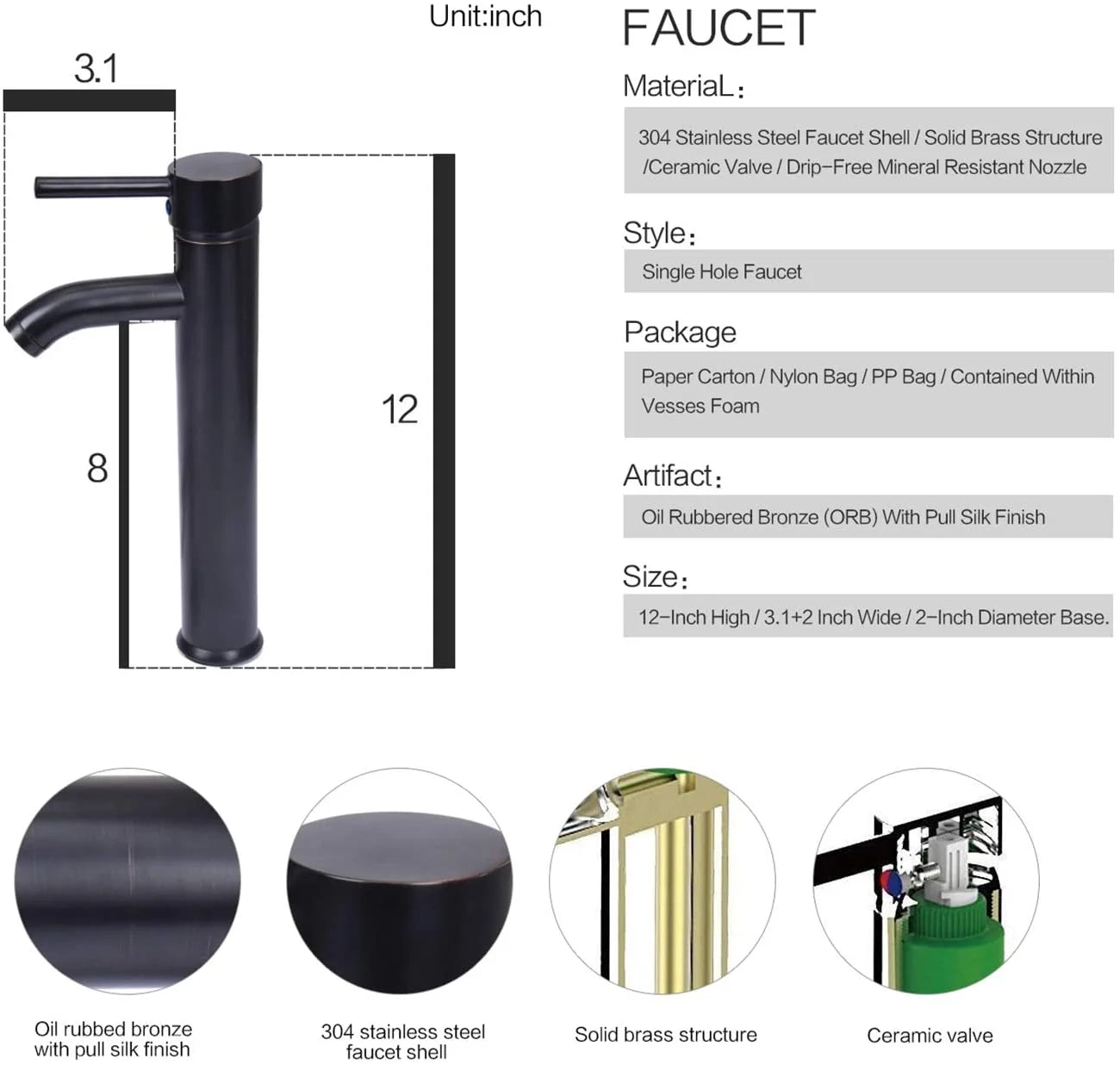 ELECWISH Black and White Ceramic Square Bathroom Sink Vessel Sink with Black Faucet and Pop up drain Combo, Round