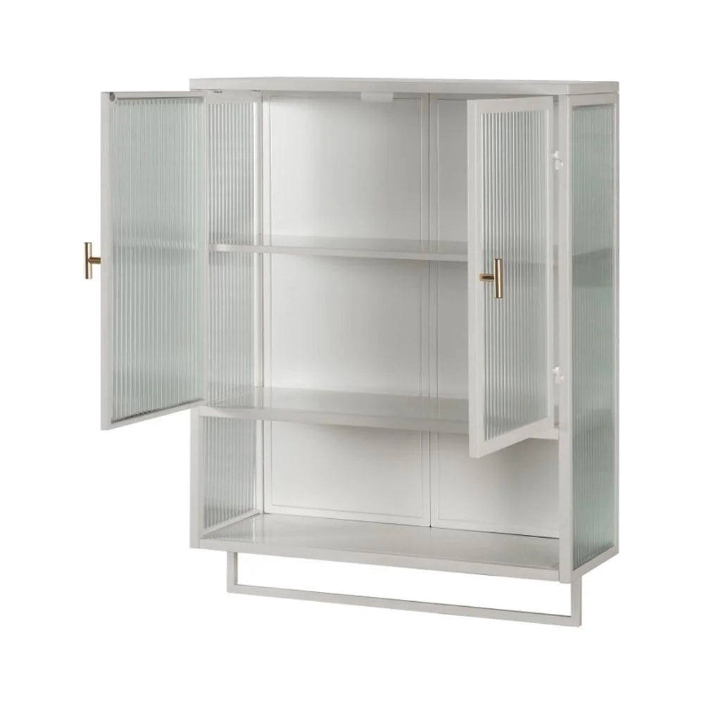 Tcbosik Modern Metal Wall Storage Cabinet with 2 Glass Door and Detachable Shelf, Open Shelf, and Towel Bar, Vintage Cabinet for Kitchen Dining, Bathroom, Living Room, White