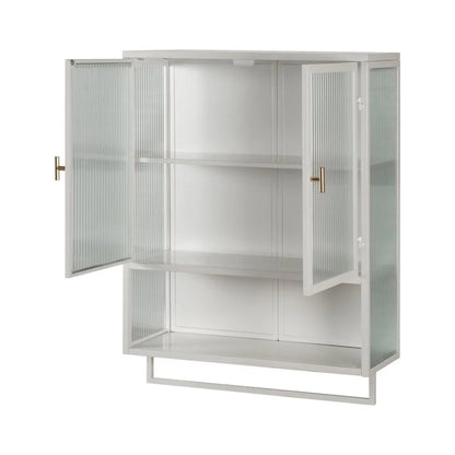Tcbosik Modern Metal Wall Storage Cabinet with 2 Glass Door and Detachable Shelf, Open Shelf, and Towel Bar, Vintage Cabinet for Kitchen Dining, Bathroom, Living Room, White
