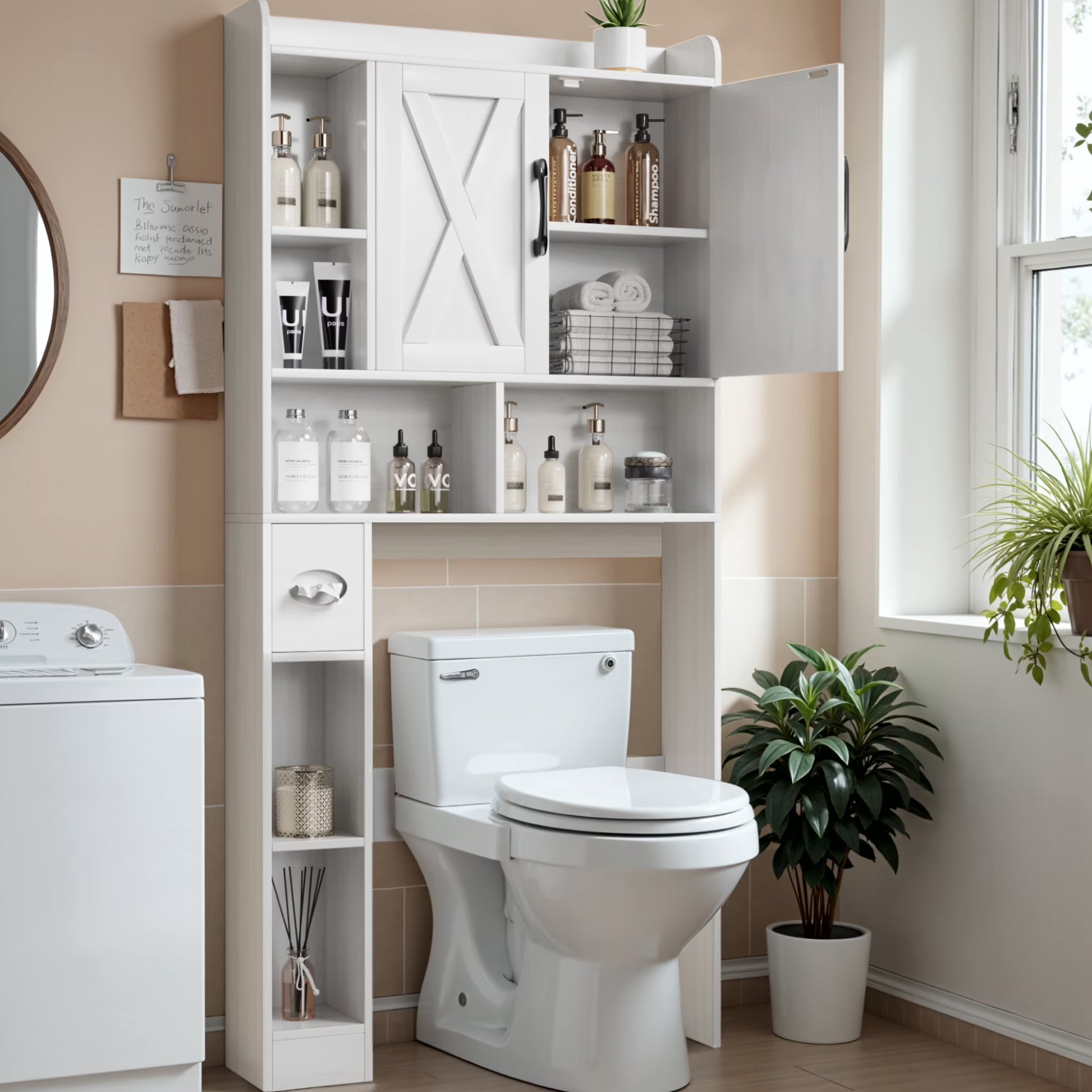 Lacoo Over The Toilet Storage Cabinet with Barn Doors, Farmhouse Style Space Saver for Over Toilet Storage with Toilet Paper Holder, for Bathroom, Restroom, White