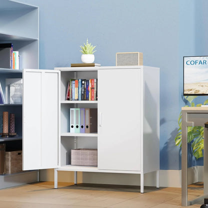 White Metal Cabinet with Doors and Shelves,Metal Locker Storage Cabinet with Leg,3-Tier Office Cabinet,Metal Shelf Cabinet for Home Office,Bathroom,Coffee Bar,Balcony