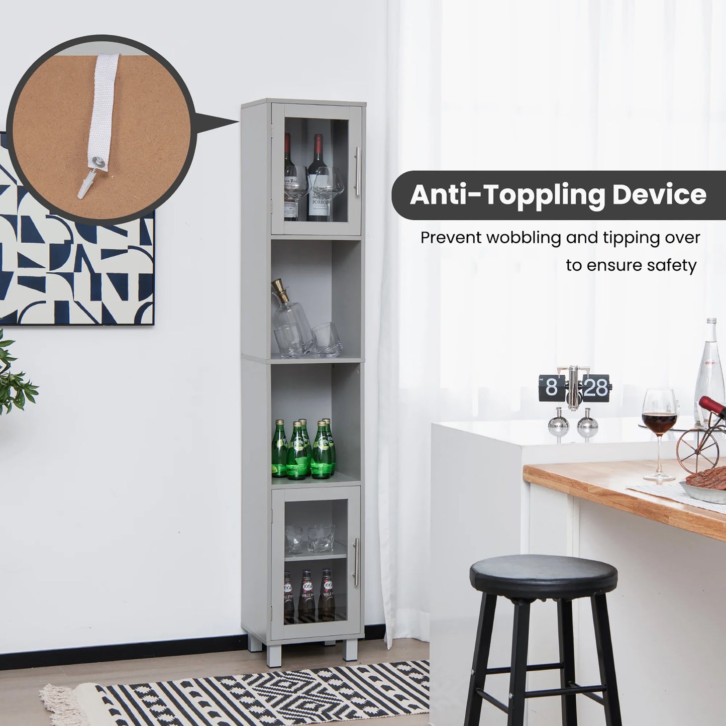 Costway 71'' Tall Tower Bathroom Storage Cabinet Organizer Display Shelves Bedroom Grey