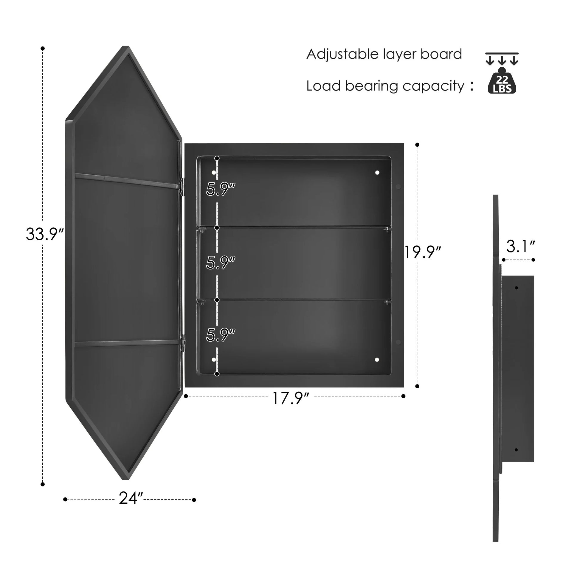 Soges Bathroom Medicine Cabinet with 3 Adjustable Storage Shelves, Wall Mounted Metal Frame, Recessed Mirror Cabinet Medicine Cabinet, Hexagonal Bathroom Mirror Cabinet, 24x34 Inches, Black