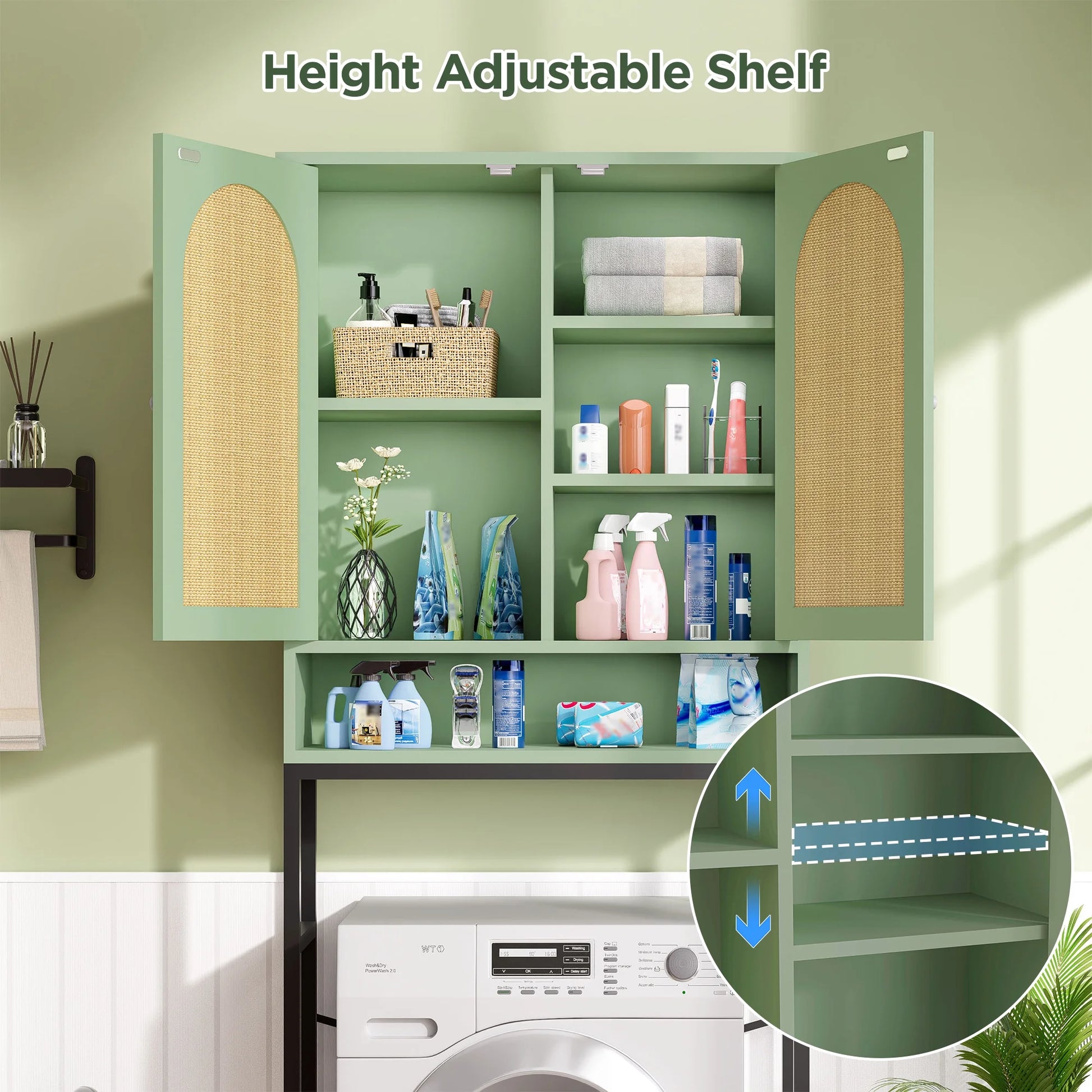 VEANERWOOD Rattan Over The Toilet Storage Cabinet, Bathroom Space-Saving Toilet Rack with Cupboard Metal Stand & Adjustable Shelf, Space Saver