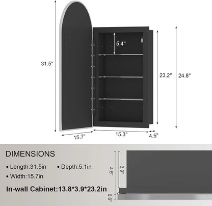 Arched Medicine Cabinet with Mirror,Recessed Medicine Cabinet Mirrors for Bathroom Cabinet with Mirror,Arched Metal Framed Medicine Cabinet,Arch Medicine Cabinet Recessed 16x31 in