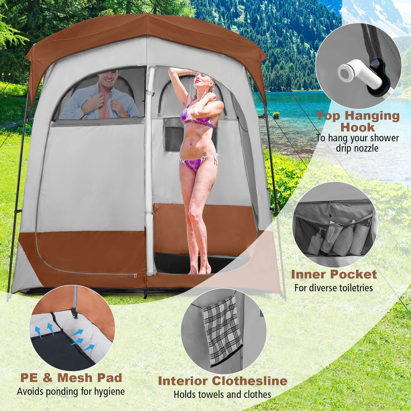 GFNXYI Brown 2-Person Shower Tent, Dual-Room Outdoor Privacy Tent with Stakes & Ropes, Portable Camping Bathing Changing Tent, Water-Resistant Sunshade Camp Shelter