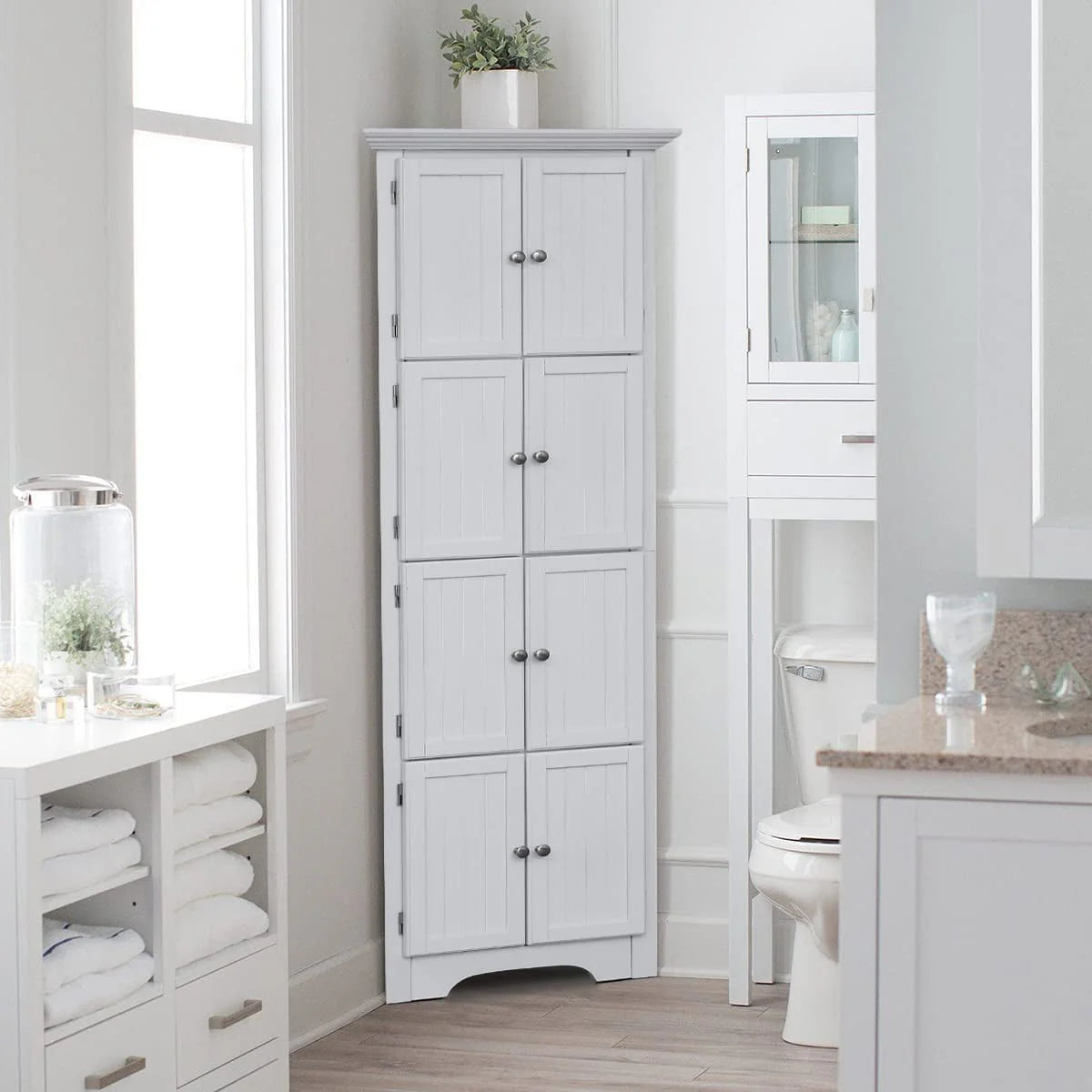 Yoleny Corner Storage Cabinet, Corner Hutch Cabinet with 8 Doors Organizer Solid Wood 90 Degree Storage Cabinet for Bathroom, Living Room, Kitchen, White