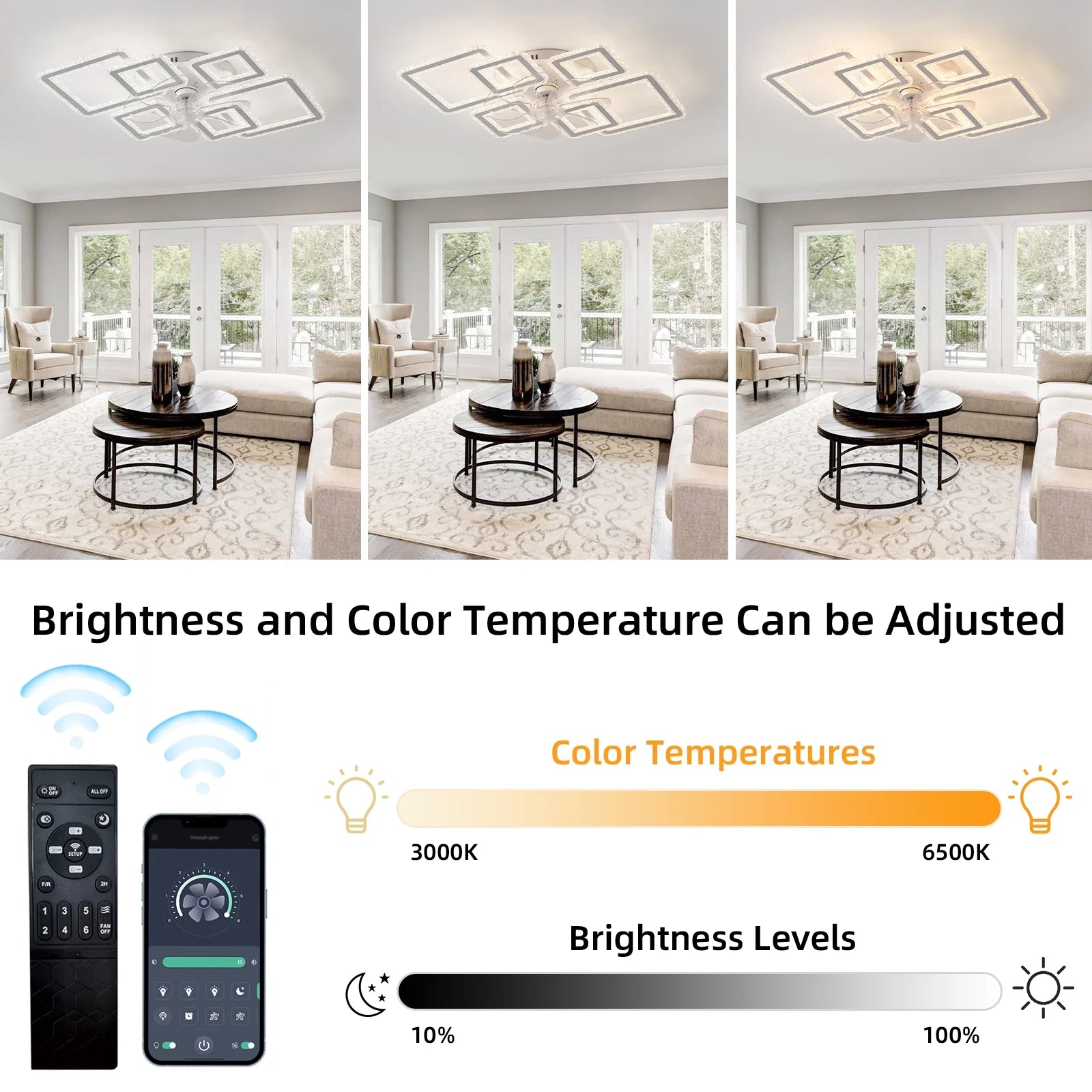 33inch Modern LED Ceiling Fan Light with Remote, Dimmable 6-Ring Square Flush Mount Lighting Fixture for Bedroom, Living Room, Kitchen, Bathroom, Balcony
