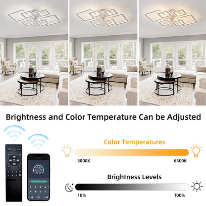33inch Modern LED Ceiling Fan Light with Remote, Dimmable 6-Ring Square Flush Mount Lighting Fixture for Bedroom, Living Room, Kitchen, Bathroom, Balcony