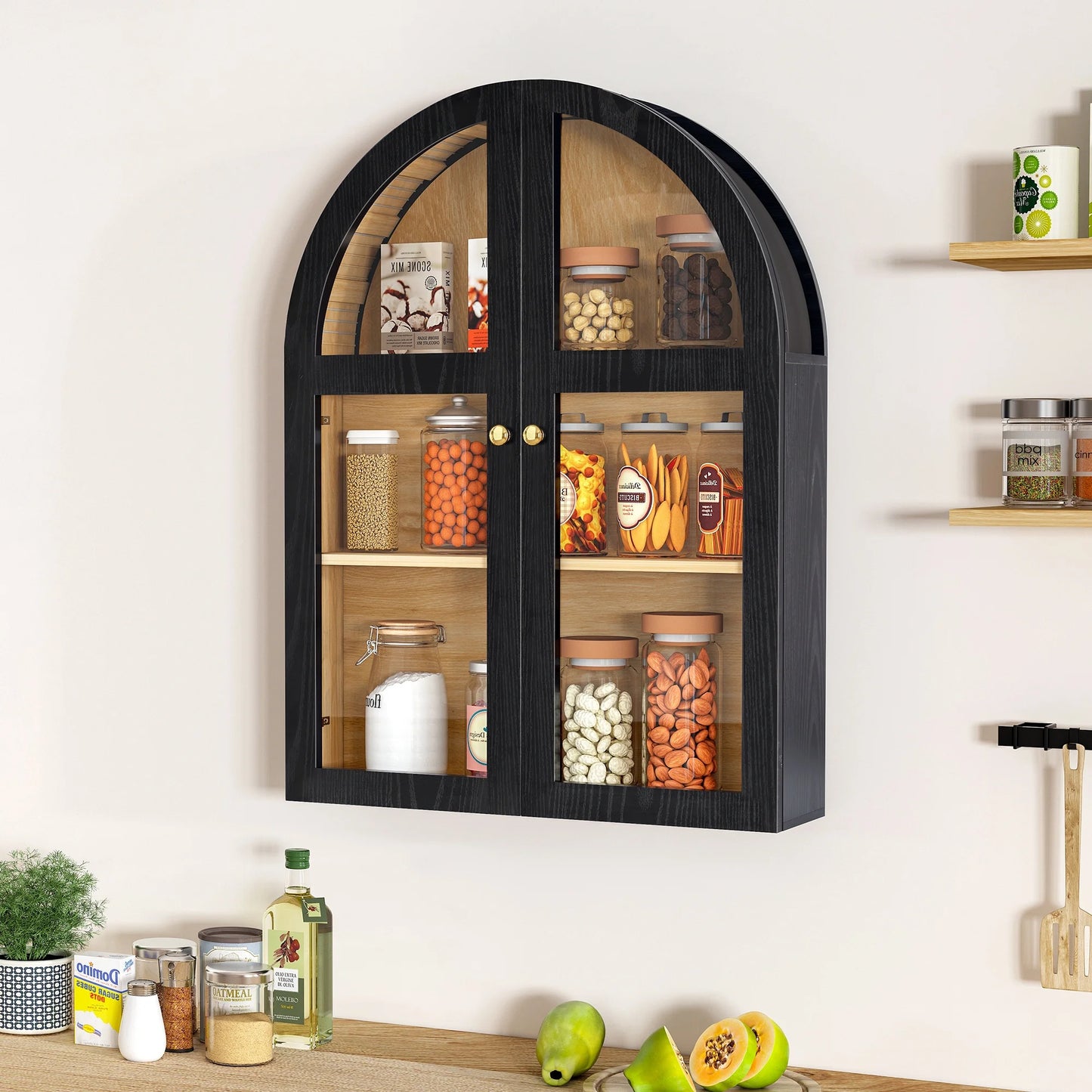 LEFHDA Arched Wall Cabinet with Glass Door, Black Open Storage Cabinet, Hanging Bathroom Shelf, Modern Wall Bathroom Cabinet with Adjustable Shelf Gold Metal Handles