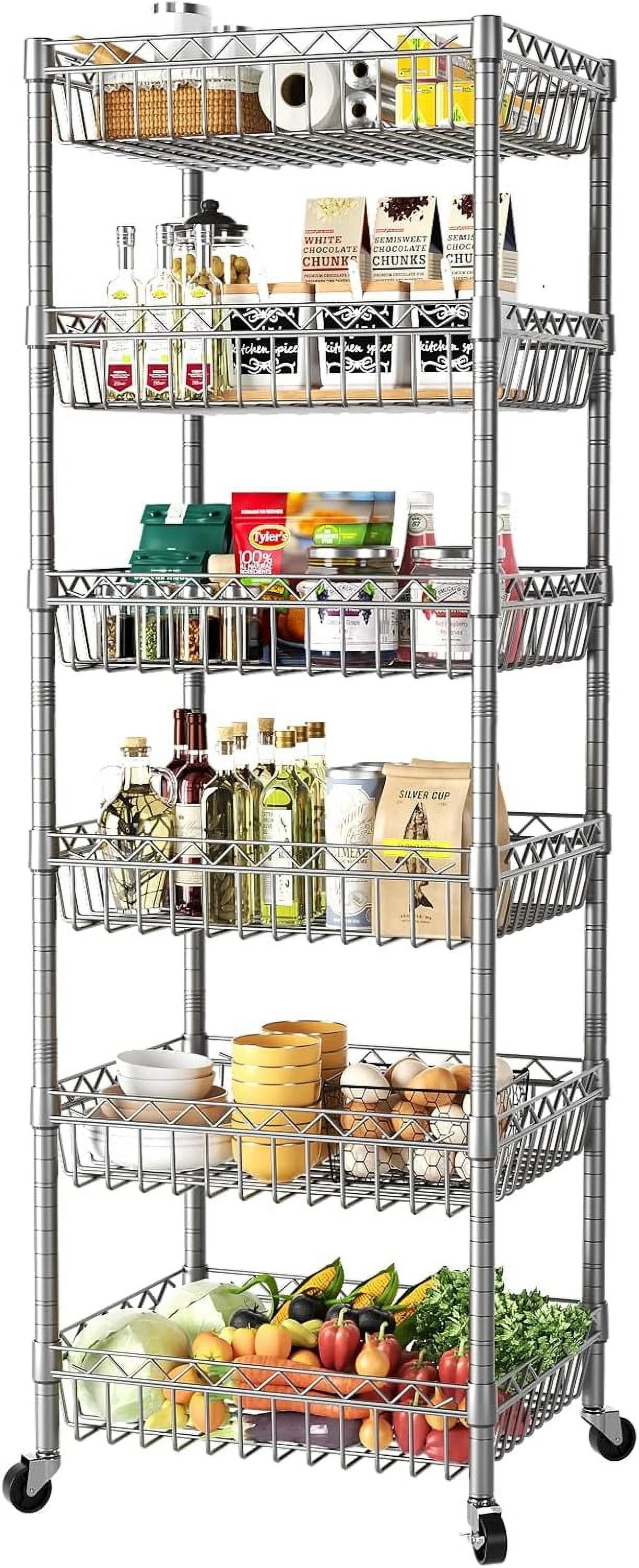 6 Tier Wire Shelving Unit with Wheels Baskets Storage Rack Corner Shelves Adjustable Shelf Closet Bathroom Organizers Metal Pantry Kitchen Garage Laundry Room 13.5" D x 13.5" W x 63" H Silver
