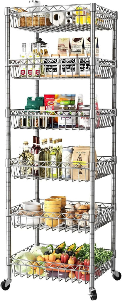 6 Tier Wire Shelving Unit with Wheels Baskets Storage Rack Corner Shelves Adjustable Shelf Closet Bathroom Organizers Metal Pantry Kitchen Garage Laundry Room 13.5" D x 13.5" W x 63" H Silver