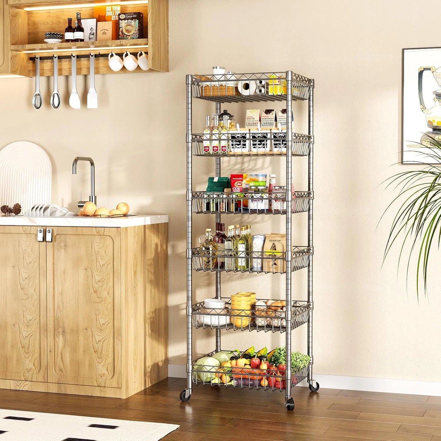 6 Tier Wire Shelving Unit with Wheels Baskets Storage Rack Corner Shelves Adjustable Shelf Closet Bathroom Organizers Metal Pantry Kitchen Garage Laundry Room 13.5" D x 13.5" W x 63" H White