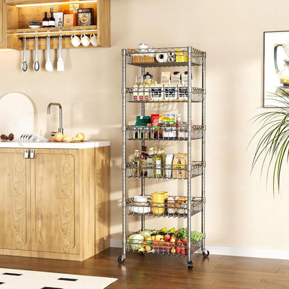 6 Tier Wire Shelving Unit with Wheels Baskets Storage Rack Corner Shelves Adjustable Shelf Closet Bathroom Organizers Metal Pantry Kitchen Garage Laundry Room 13.5" D x 13.5" W x 63" H Silver