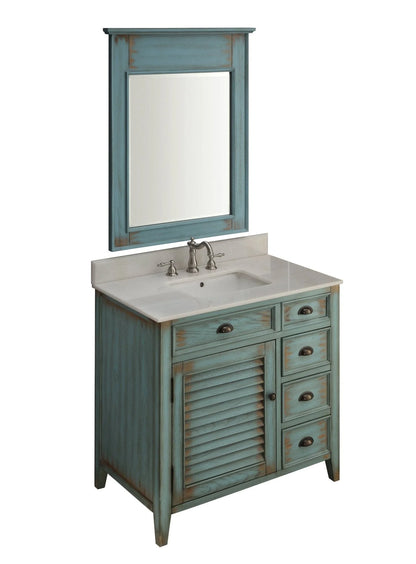 Benton Collection 36" Distressed Blue Farmhouse Bathroom Vanity with White Marble Top