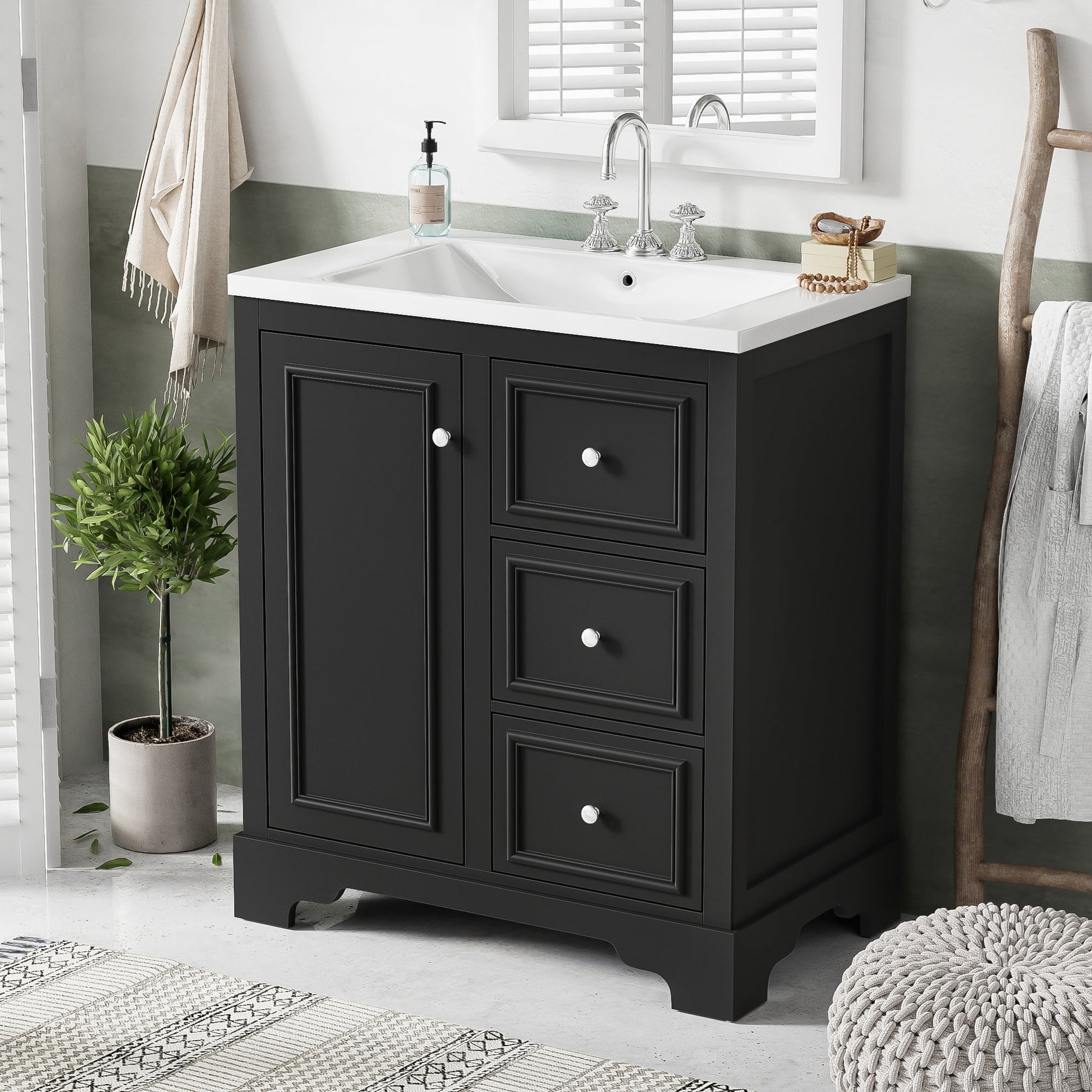 viswild 30" Bathroom Vanity with Ceramic Sink, Soft Close Drawers & Adjustable Shelf, Compact Freestanding Cabinet for Small Spaces, Black
