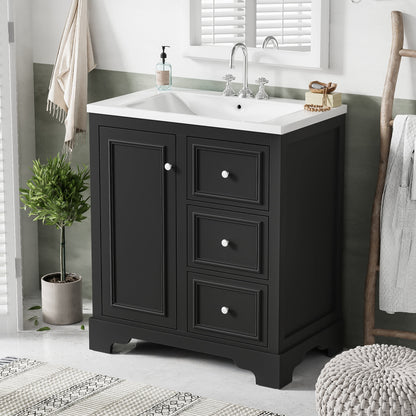 viswild 30" Bathroom Vanity with Ceramic Sink, Soft Close Drawers & Adjustable Shelf, Compact Freestanding Cabinet for Small Spaces, Black