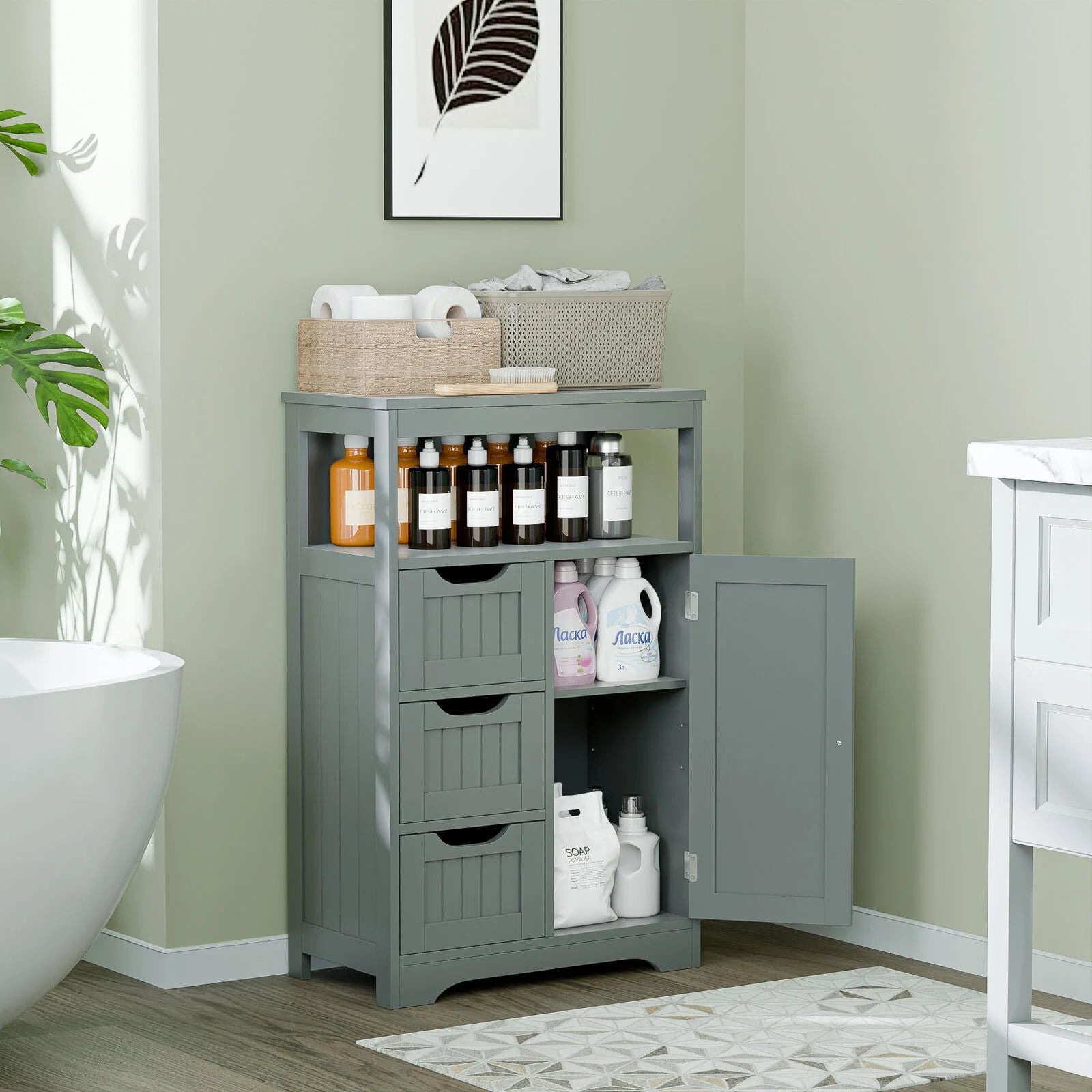 CZMDZH Wooden Bathroom Storage Cabinet with 3 Drawers and 1 Door, Free-Standing Toewels Cupboard for Entryway Living Room Home Furniture