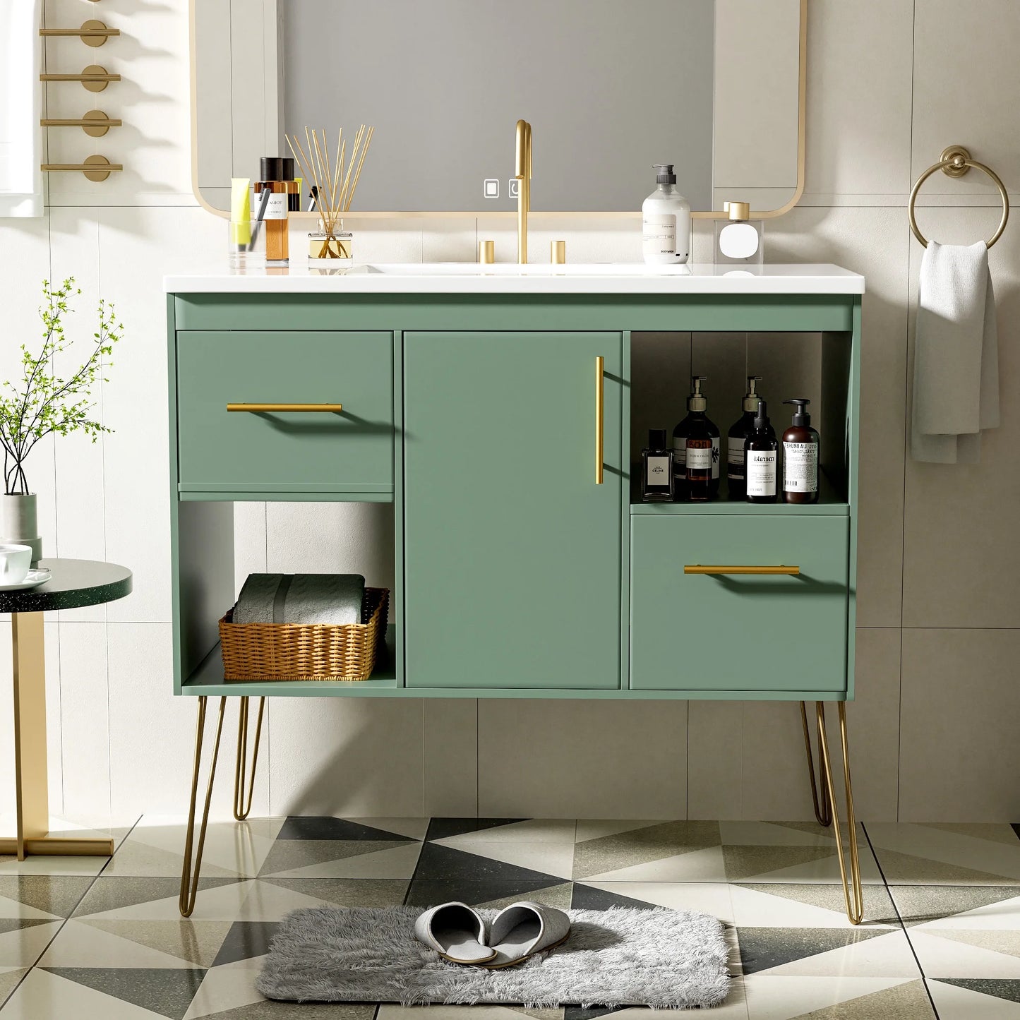 Euroco 36'' Bathroom Vanity with Resin Sink Combo Set, Modern Freestanding Single Bathroom Cabinet with 2 Drawers & 2 Storage Compartments, Storage Cabinet for Bathroom, Solid Wood Frame Vanity Set