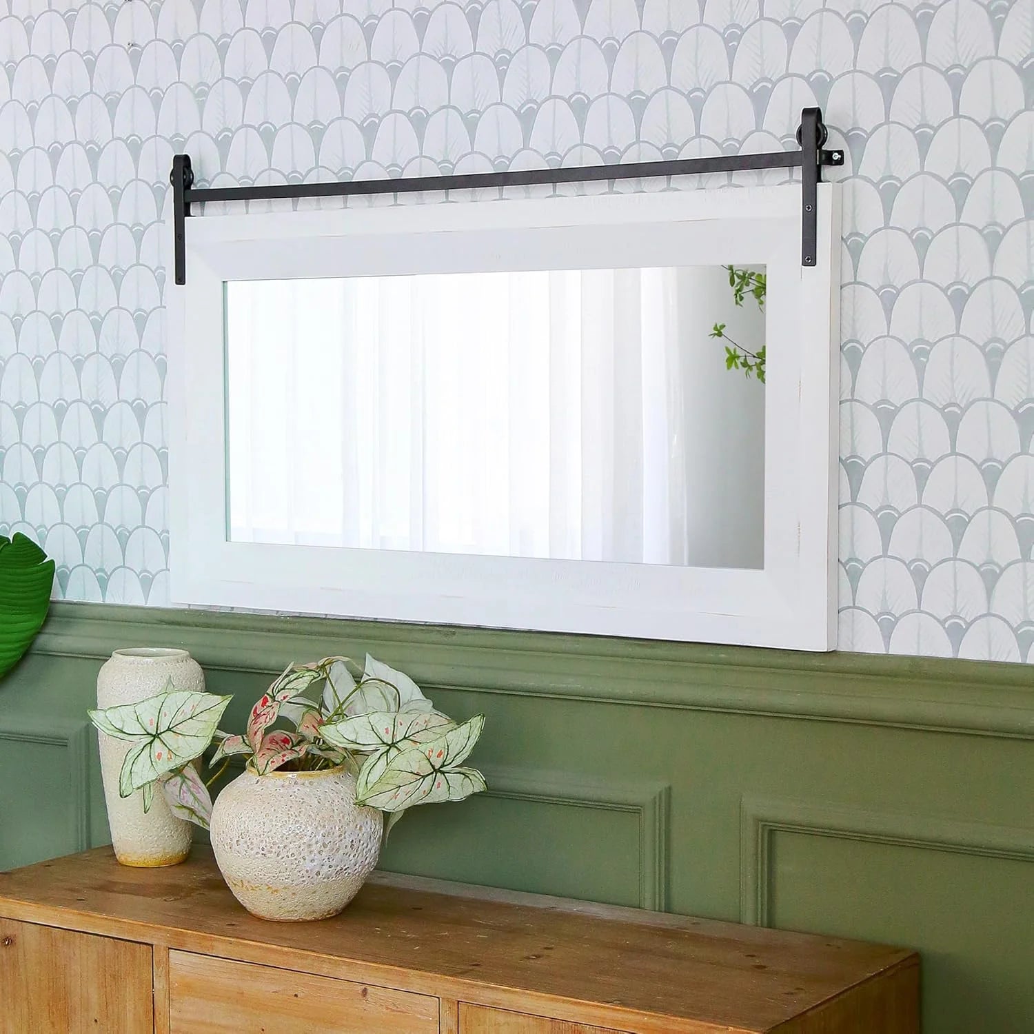 ALBAD Farmhouse Wood Framed Wall Mirror, Natural Wood and Framed Wall Mounted Bathroom Vanity Mirror for Farmhouse Decor, Vertical or Horizontal Hanging