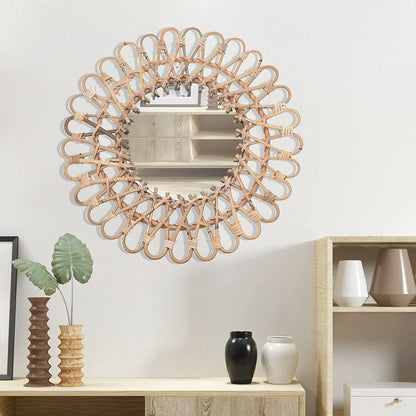 Miumaeov Rattan Wall Mirror Sunflower Round Wall Mirro for Living Room and Bathroom Decor Diameter 40cm/15.75"