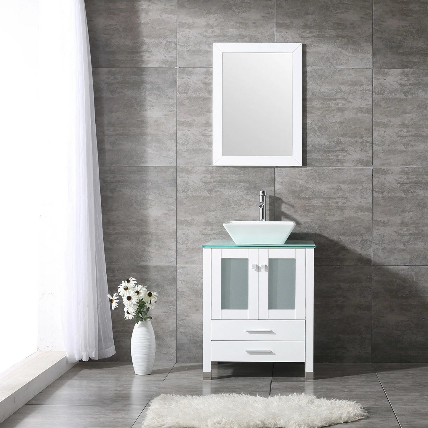 Wonline 24" Bathroom Vanity Cabinet Ceramic Sink Faucet Drain Combo w/ Mirror Set White