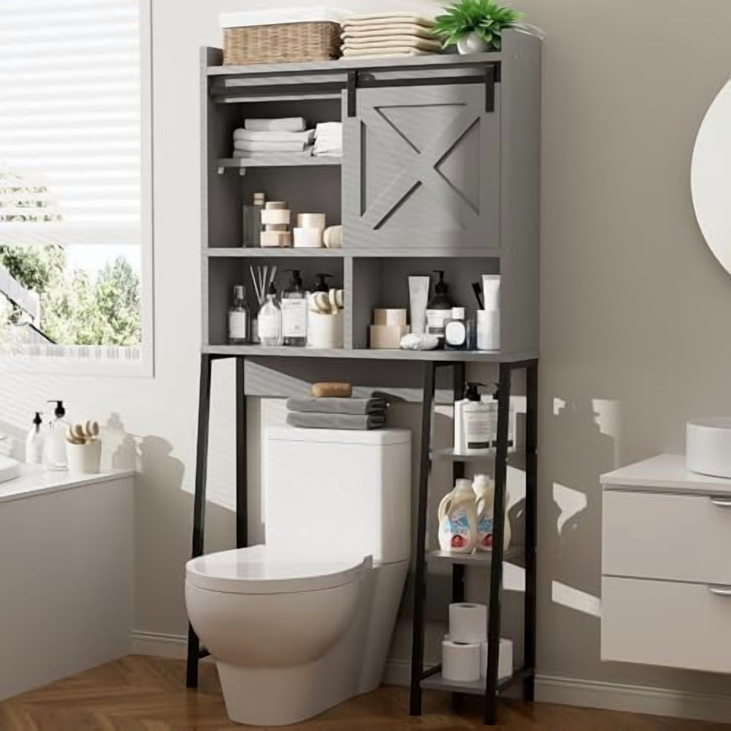 Over The Toilet Storage Cabinet, Farmhouse Storage Cabinet Over Toilet with Sliding Barn Doors, Freestanding Bathroom Organizer Shelf Space Saving, Grey
