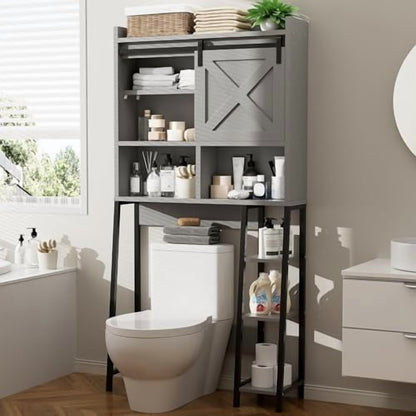 Over The Toilet Storage Cabinet, Farmhouse Storage Cabinet Over Toilet with Sliding Barn Doors, Freestanding Bathroom Organizer Shelf Space Saving, Grey