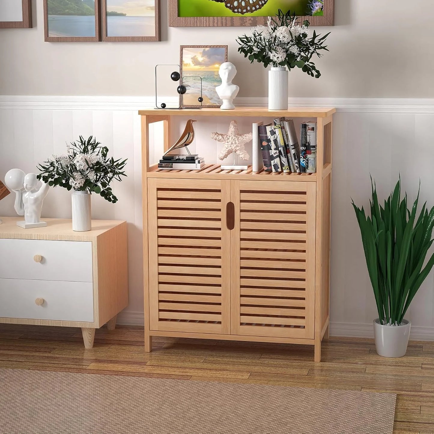 Bamboo Bathroom Storage Cabinet with 2 Doors, Bathroom Floor Freestanding Cabinets Organizer for Living Room, Kitchen, Entryway