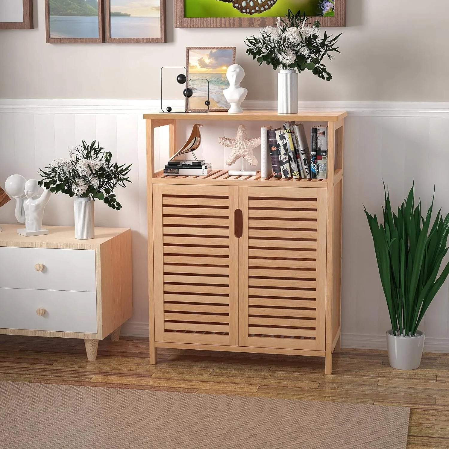 Bamboo Bathroom Storage Cabinet with 2 Doors, Bathroom Floor Freestanding Cabinets Organizer for Living Room, Kitchen, Entryway