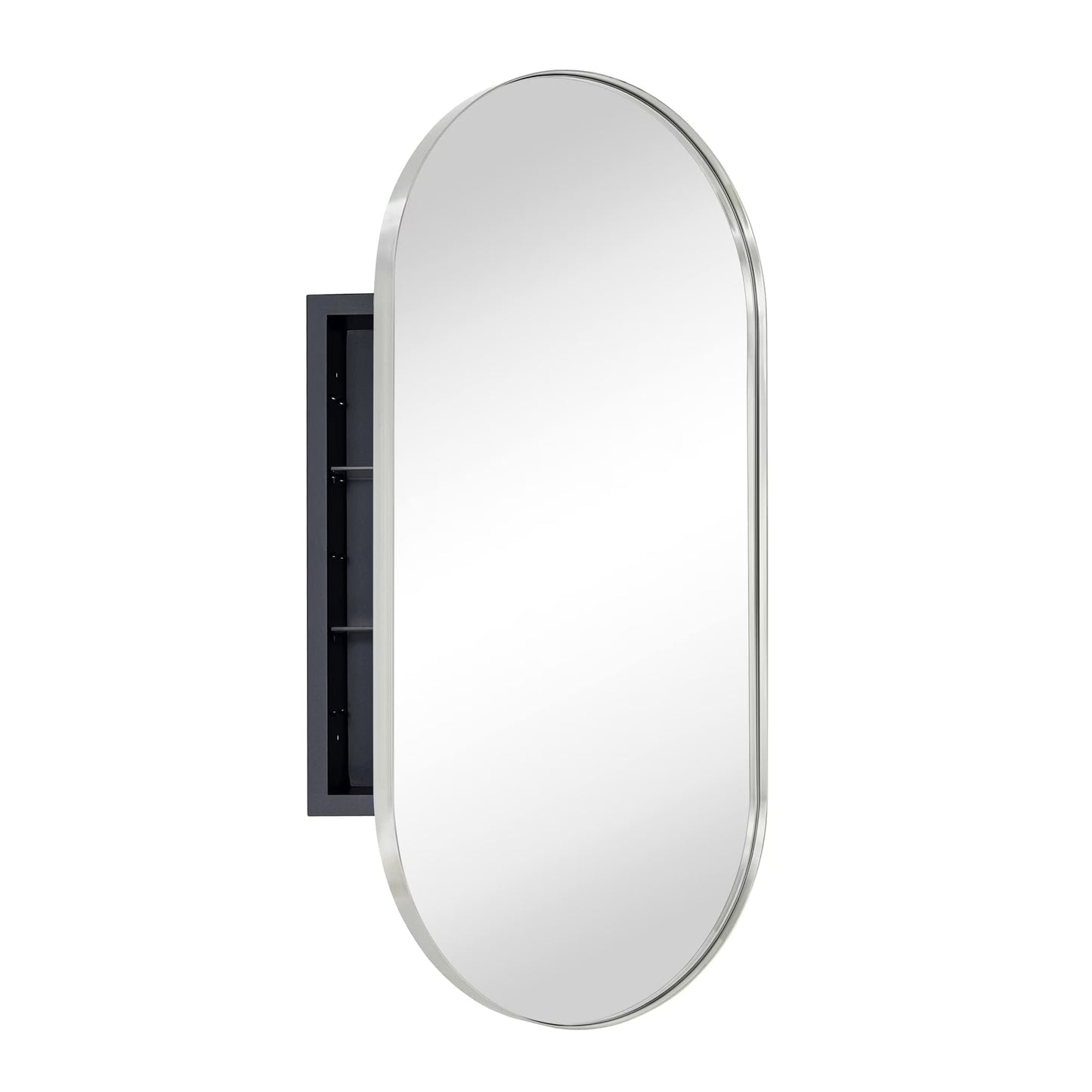 TEHOME Chrome Oval Recessed Bathroom Medicine Cabinet with Mirror Stainless Steel Metal Framed Oblong Pill Shaped Bathroom Cabinet with Mirror 16x33''