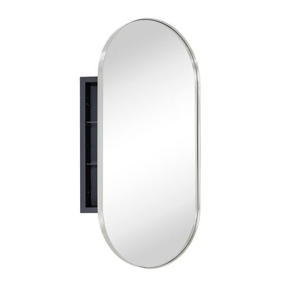TEHOME Chrome Oval Recessed Bathroom Medicine Cabinet with Mirror Stainless Steel Metal Framed Oblong Pill Shaped Bathroom Cabinet with Mirror 16x33''