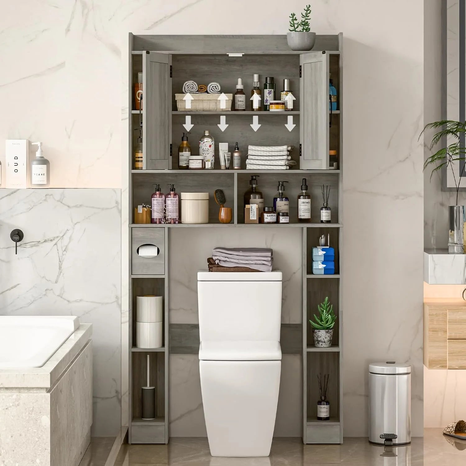 Vabches Over The Toilet Storage Cabinet, Freestanding Bathroom Space Saver with Adjustable Shelf and 2 Doors