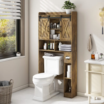 Over The Toilet Storage Cabinet, Farmhouse Storage Cabinet Over Toilet with Sliding Doors��Home Space-Saving Toilet Rack, for Bathroom, Restroom, Laundry