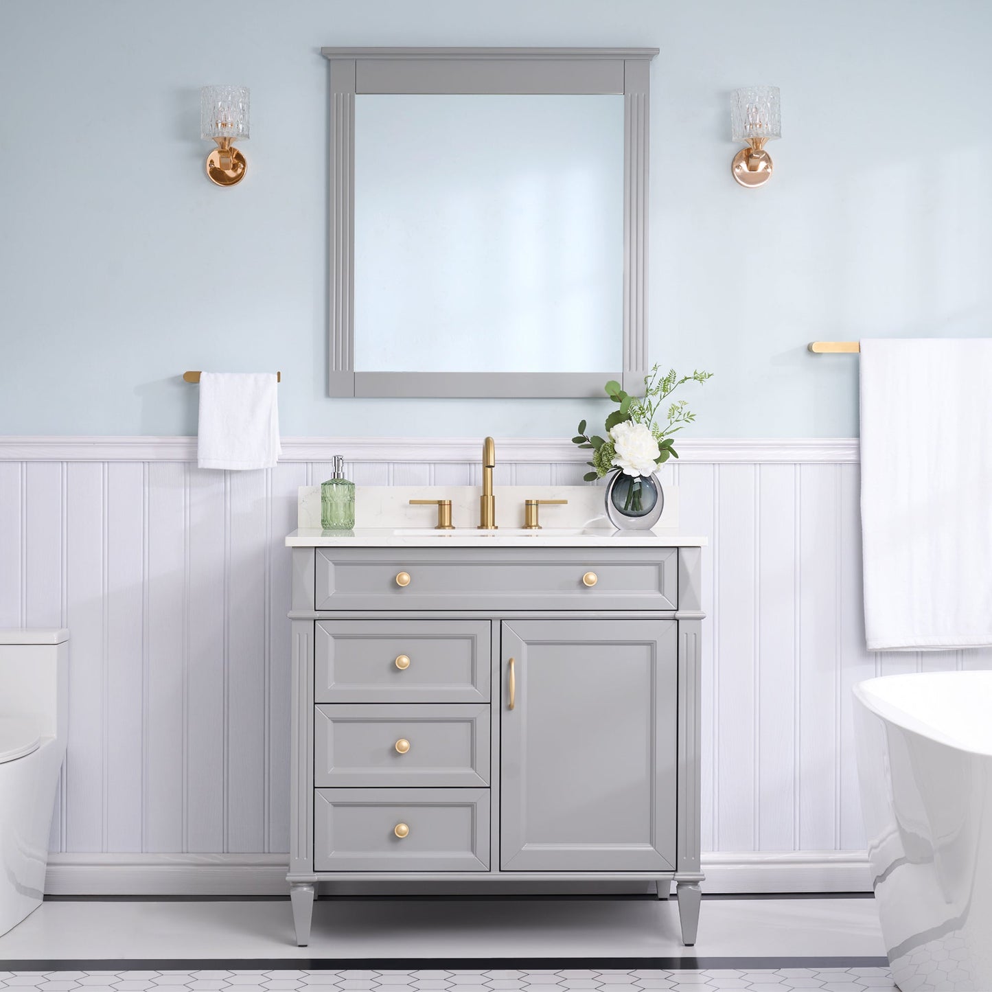 FORCLOVER 36" Bathroom Vanity with Sink Top Combo Set, Freestanding Solid Wood Bathroom Makeup Cabinet W/ 1 Soft-Close Door and 3 Soft-Close Drawers, Carrara White Quartz Countertop, Grey